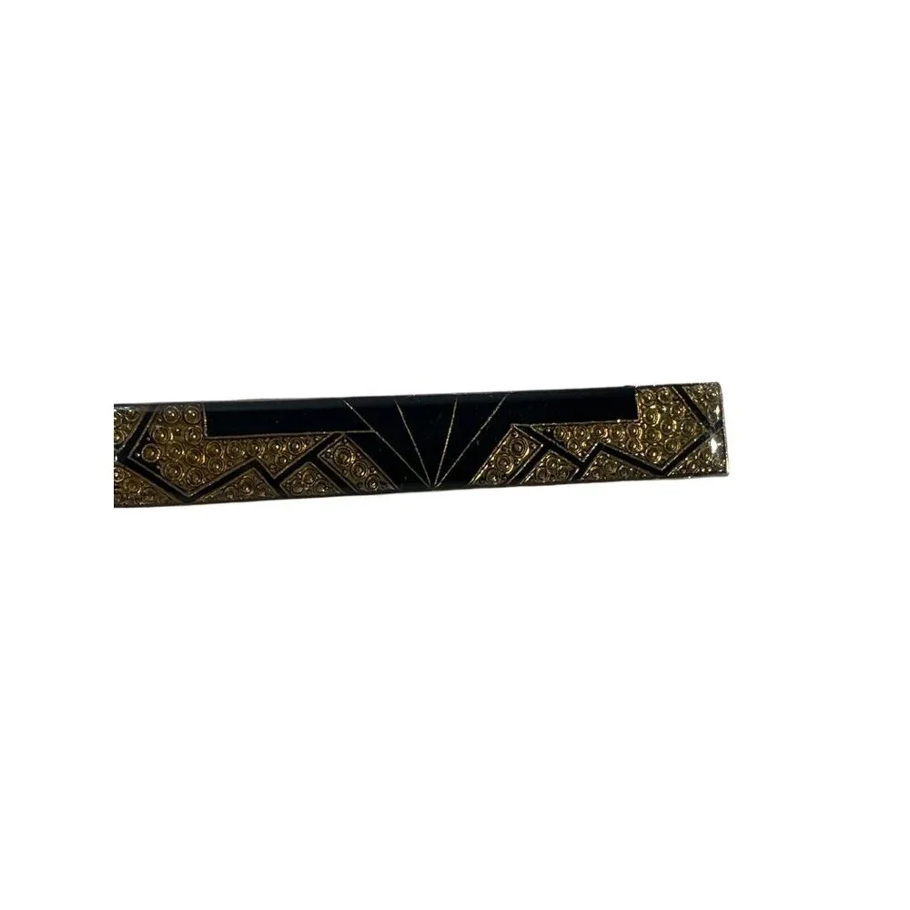 VTG Art‎ Deco Geometric Black Gold Tone Enamel Bar Pin Brooch